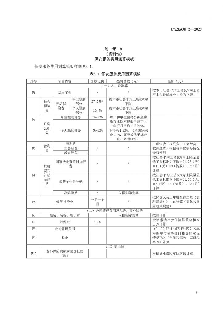 苏州市保安服务费用测算指南T SZBAXH 2—2023